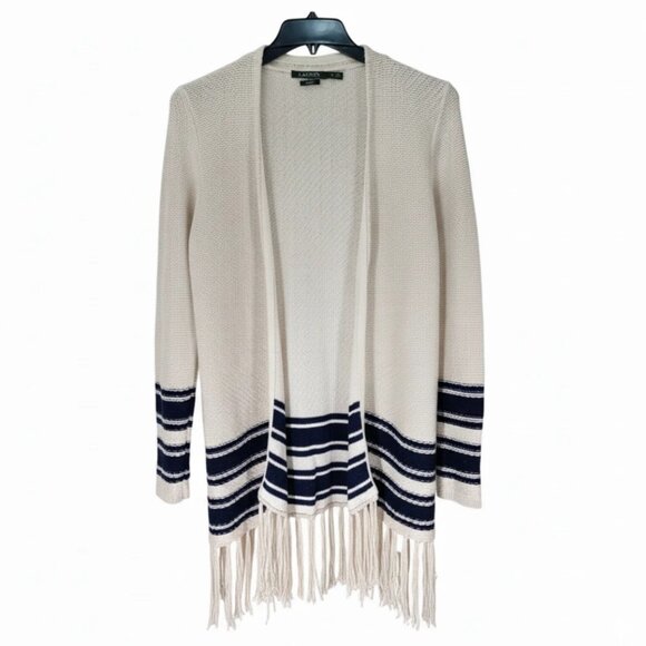 Lauren Ralph Lauren Fringe Cardigan Sweater Blue Off-White Striped Size Medium - Picture 1 of 7